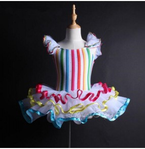 Multi rainbow  striped colored girls kids children tutu skirt leotard performance competition ballet dance dresses 